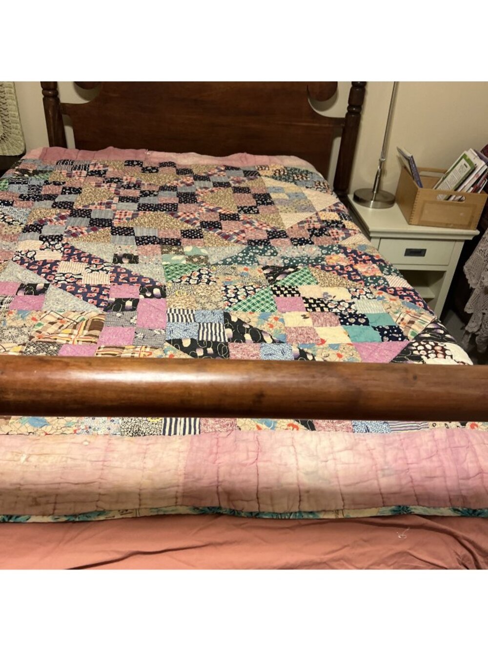 Quilt Vintage HANDMADE  PIECE 76x76.5” BLOCKs & Triangles Wellloved showing it